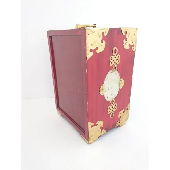 Vintage Chinese Rosewood Jewelry Box Ornate Brass Jade Inlay